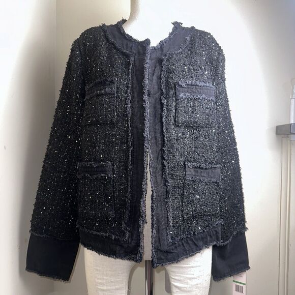 NWT Nanette Lepore Black Sequined Boucle’ Frayed Denim Trim Jacket Tweed Blazer - Picture 1 of 12